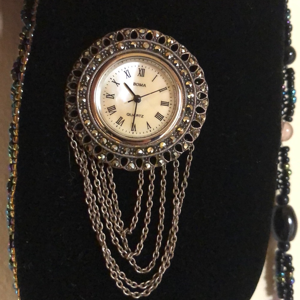 Boma Vintage Mother of Pearl Marcasite Watch Pin - Picture 6 of 6